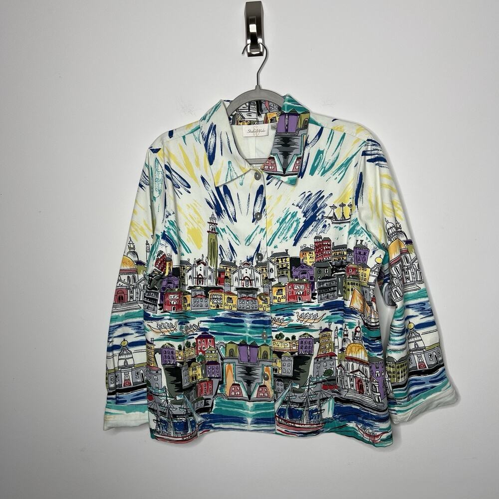 Studio‎ Works Shirt Jacket Womens Medium Cityscape Cotton Button Art To Wear